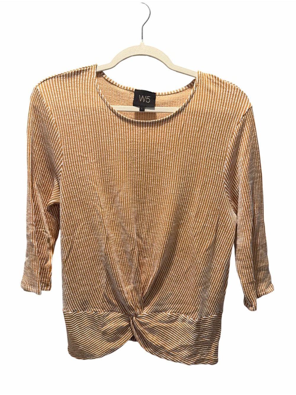 Anthropologie W5 Women's Golden Ribbed Twist-Hem 3/4 Sleeve Top Large
